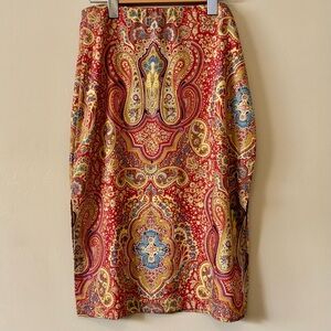 Le Chateau| Red/Mustard/Blue Paisley Lightweight Pull-On Midi Pencil Skirt Sz S